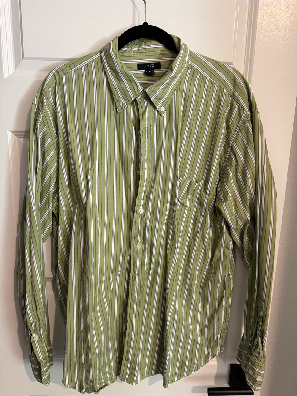 J. Crew Olive Green Striped Button-Down Shirt with White and Navy Stripes